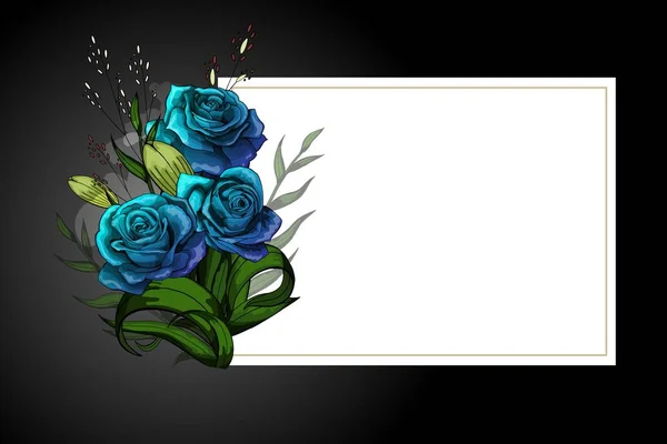 Blue flower bouquet on white frame with black border strict postcard template