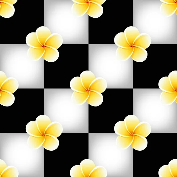 Patrón sin costuras con flores de Plumeria Frangipani en tablero de ajedrez blanco y negro — Vector de stock