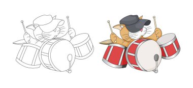 Müzikal çizgi film hayvanı. Davullu çocuksu kedi. Çocuklar için boyama kitabı sayfası