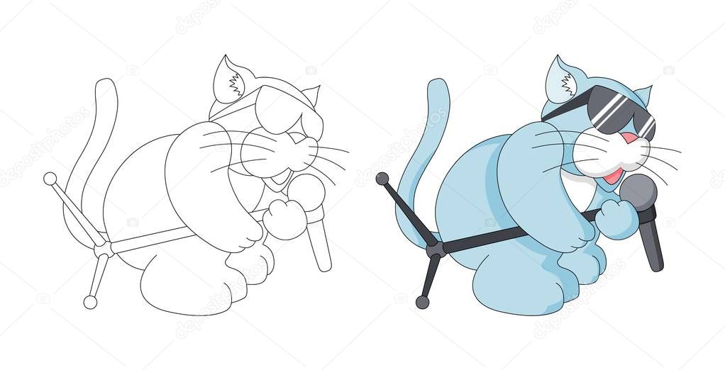 Musical cartoon animal. Childish cat with microphone. Outlined doodle coloring book page for kids. Rock and roll cat cartoon vector illustration for print design isolated on white background