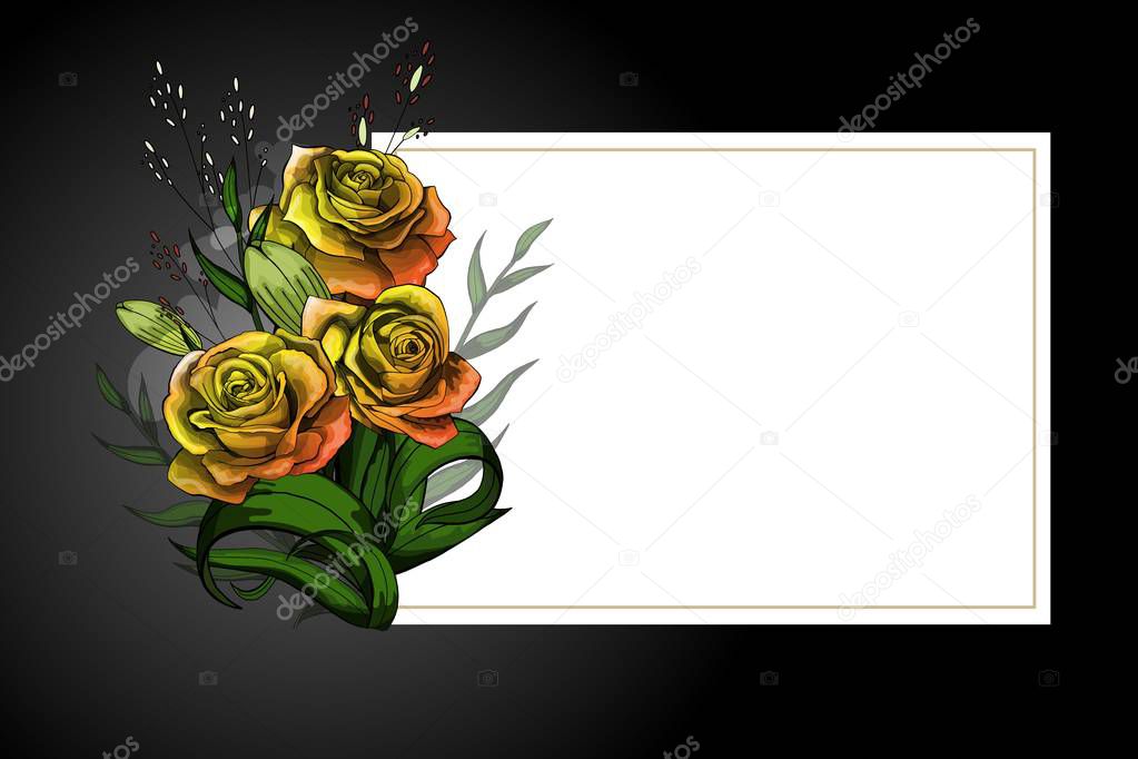 Yellow flower bouquet on white frame with black border strict postcard template