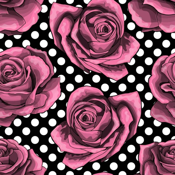 Безшовний візерунок, фон з викладеними рожевими трояндами, на фоні точок польки — стоковий вектор