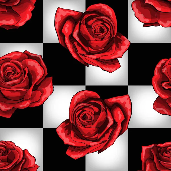 Wonderland roses rouges sur fond d'échiquier. Modèle sans couture vectoriel — Image vectorielle