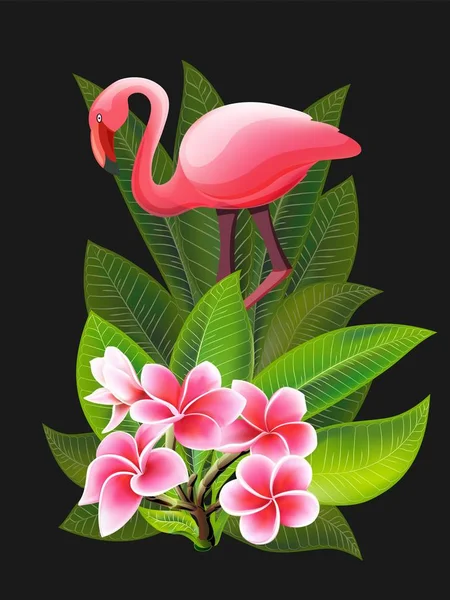 Design de verão para publicidade com flamingo, folhas tropicais e flores — Vetor de Stock