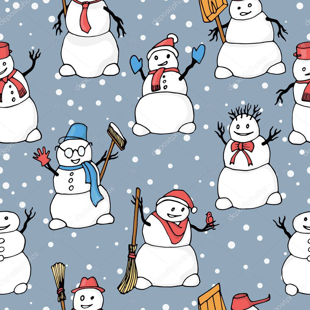 Vector seamless pattern with hand drawn cute snowmen