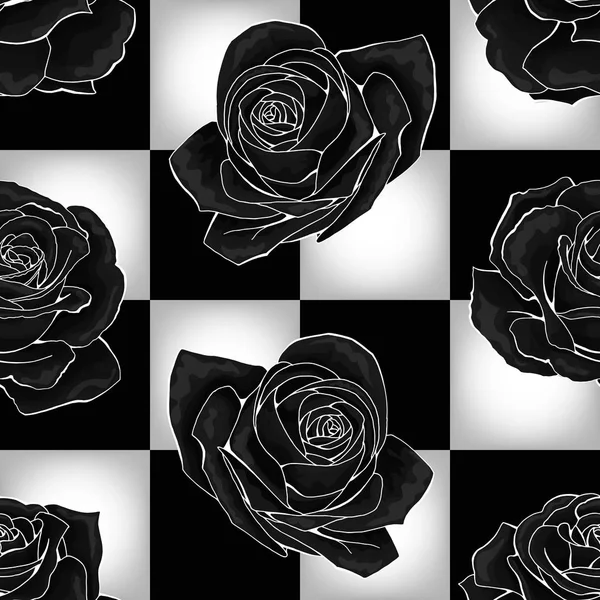 Rosas negras sobre fondo de tablero de ajedrez. Diseño de patrón sin costura vectorial — Archivo Imágenes Vectoriales