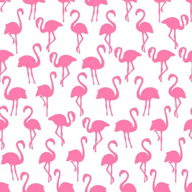 Pembe flamingo siluetleri beyaz arka plan üzerinde dikişsiz desen