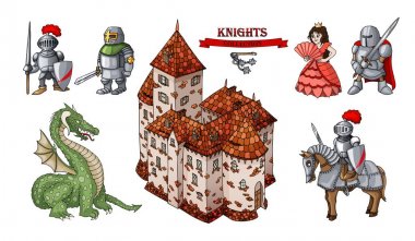 Ortaçağ karakterleri tarihi binalar karikatür nesneleri ayarlayın