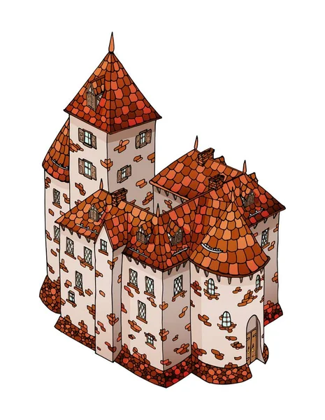 Dibujos animados medieval castillo caballero europeo. Piedra construyendo la fortificación — Vector de stock