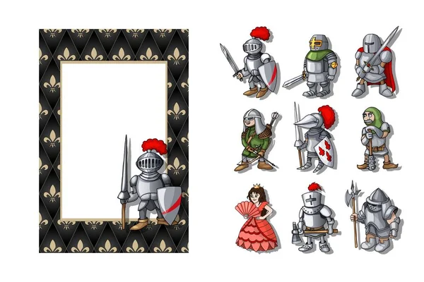 Вертикальна рамка з лицарями, встановленими на середньовічному тлі — стоковий вектор