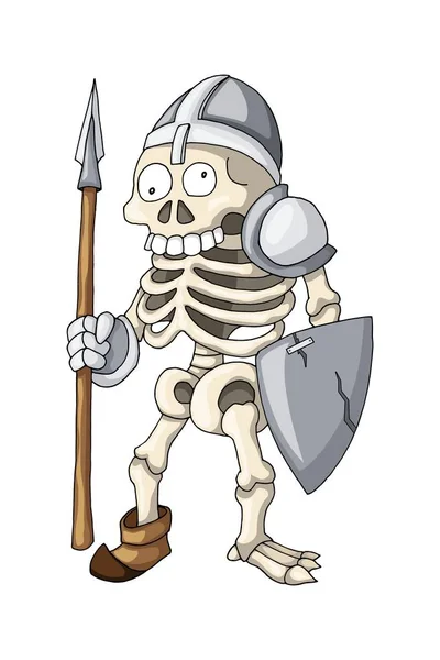 Guerrero esqueleto humano de pie con lanza y escudo, personaje de dibujos animados — Vector de stock