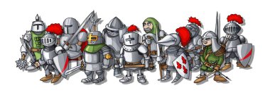 Krallık savaş oluşumu. Farklı şövalyeler kroki Karikatür illüstrasyon