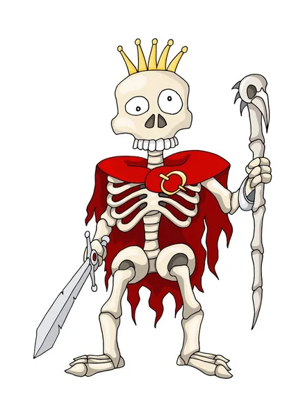 Guerreiro de esqueleto humano em pé com espada e cetro, personagem de desenho animado — Vetor de Stock