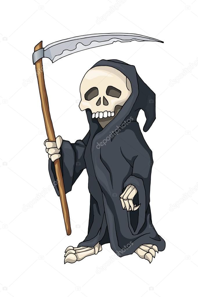 Human Skeleton in Black Robe Standing with Scythe, cartoon Character