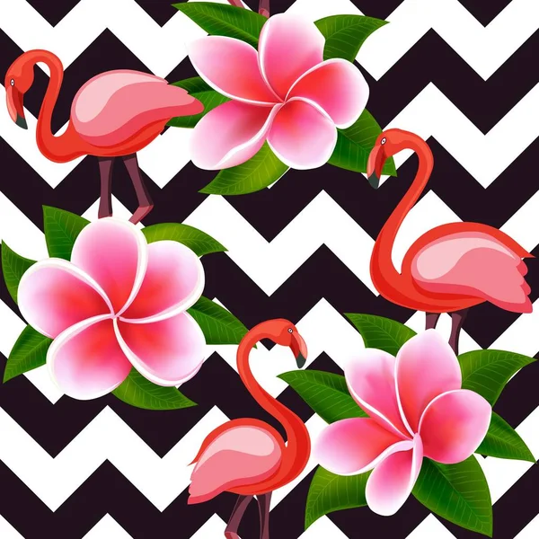 Geometri üzerinde pembe flamingolar ve çiçekler ile tropikal modern dikişsiz desen — Stok Vektör