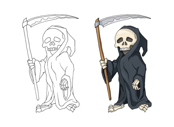 黒いローブの人間の骨格は、サイスと立って、漫画のキャラクター — ストックベクタ