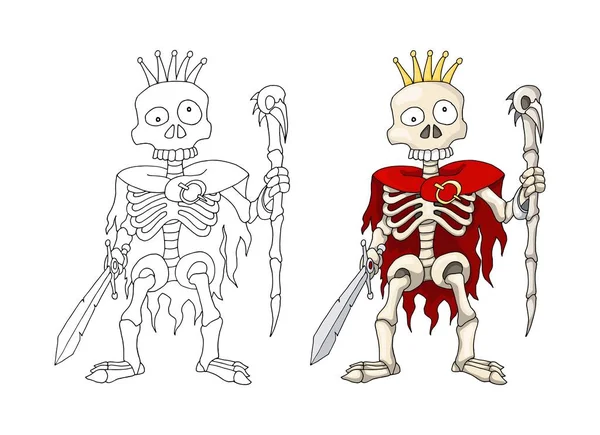Ludzki szkielet wojownik stojący z mieczem i Scepterem, postać z kreskówek — Wektor stockowy