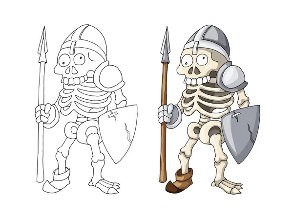 Guerreiro de esqueleto humano em pé com personagem de desenho animado Spear and Shield — Vetor de Stock