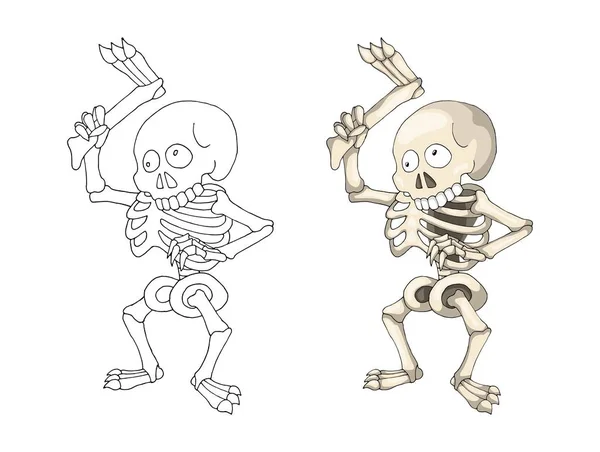 Esqueleto Humano em pé com Perna, Desenho animado Character Colorir página do livro — Vetor de Stock