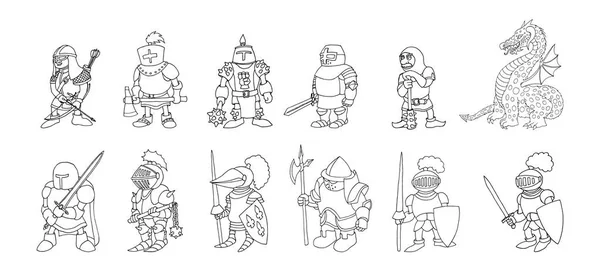 Knight Turnuvası için prepering karikatür ortaçağ şövalyeleri Boyama sayfası seti — Stok Vektör