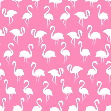 Pembe arka plan üzerinde beyaz flamingo siluetleri dikişsiz desen