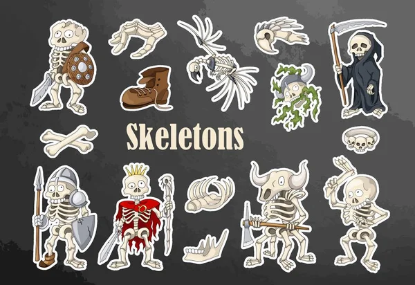 Halloween-Skelette Kunstaufkleber Set. Cartoon handgezeichnete Skelette — Stockvektor