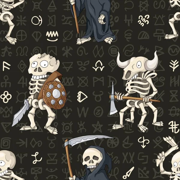Halloween sem costura padrão, fundo com desenhos animados mão esqueletos desenhados — Vetor de Stock
