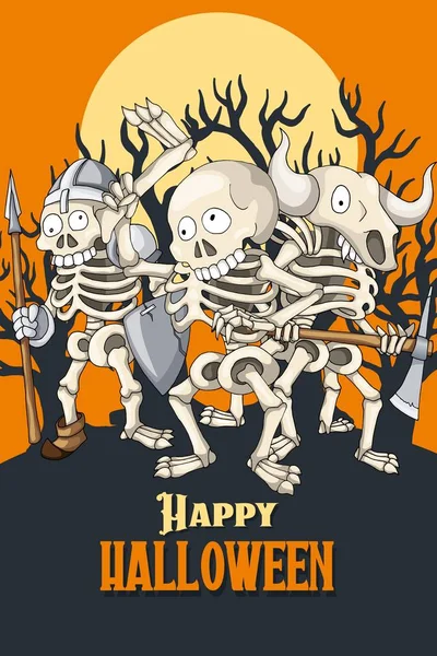 Plantilla de postal de Halloween feliz. Fiesta de esqueletos en diferentes poses — Archivo Imágenes Vectoriales