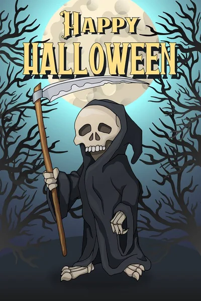 Glückliche Halloween-Postkartenvorlage. Zeichentrickfigur mit menschlichen Skeletten — Stockvektor