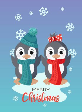 Sevimli küçük penguen karakterleri ile Tatil vektör noel kartı