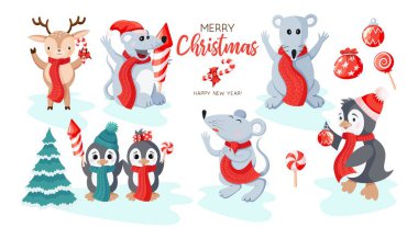 Sevimli penguenler, fareler ve öğeler simgesi beyaz arka plan üzerinde izole ayarlayın