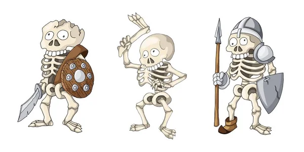 Vector Halloween set com esqueletos assustadores bonitos. Personagens de desenhos animados desenhados à mão — Vetor de Stock