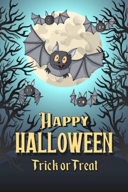 Mutlu Cadılar Bayramı kartpostal şablonu. Vampir Yarasalar uçan sürüsü çizgi film Karakter