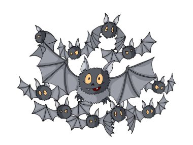 Çizgi film illüstrasyonu Cadılar Bayramı farklı yarasalar vektör renkli karalama kalabalığı