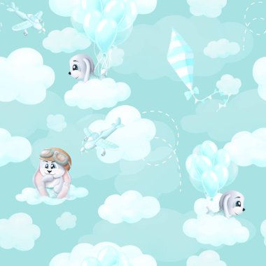 Güzel el çizimi Bunny bulutsuz bir arka planda oturuyor.