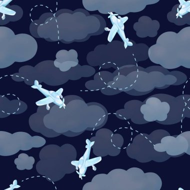 Koyu mavi gökyüzünde bulutlardan uçan uçaklar. Kusursuz desen arkaplanı