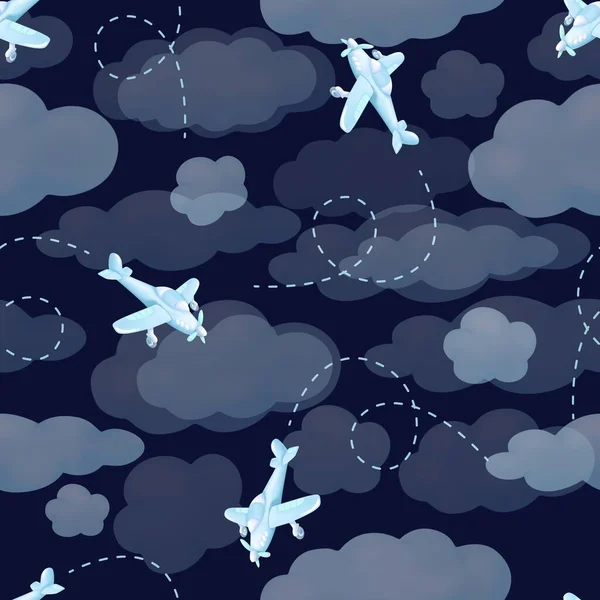 Vliegtuigen die vliegen vanuit wolken op donkerblauwe lucht. Naadloze patroon achtergrond — Stockfoto
