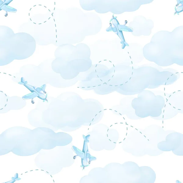 Airplanes flying from clouds isolated on white sky. Seamless pattern background — Stock Photo, Image