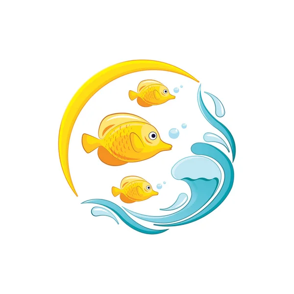 Κίτρινο Ψάρια Κύμα Και Ήλιος — Διανυσματικό Αρχείο