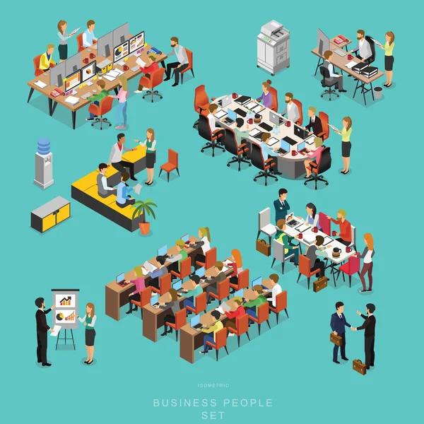Set Isometric Business People Teamwork Meeting Office Share Idea Infographic — Stock Vector