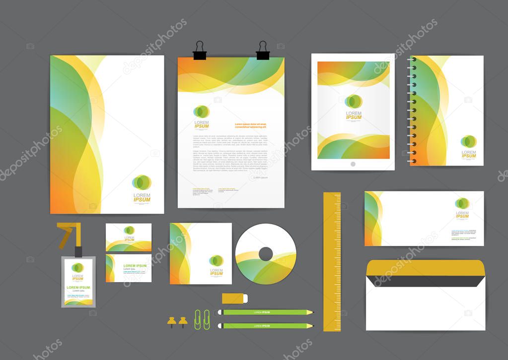 orange and green with curve graphic corporate identity template for your business includes CD Cover, Business Card, folder, ruler, Envelope and Letter Head Designs