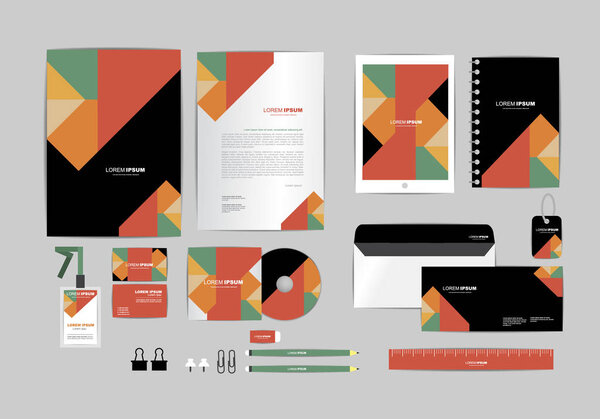 black, red, green with triangle corporate identity template for your business includes CD Cover, Business Card, folder, ruler, Envelope and Letter Head Designs