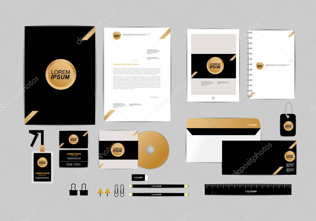 gold, black and silver corporate identity template for your business includes CD Cover, Business Card, folder, ruler, Envelope and Letter Head Designs 7