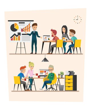 İş toplantısı kümesi. Ekip çalışması paylaşılan çalışma. Vektör tasarımı C