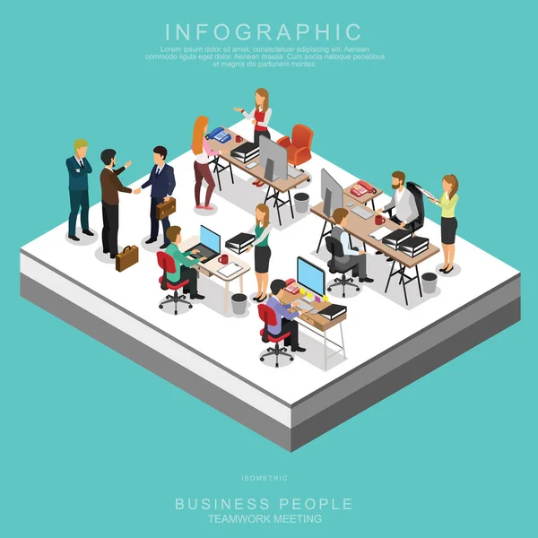 Isometrische Geschäftsleute Teamwork Treffen Büro Austausch Von Ideen Infografisches Vektordesign — Stockvektor