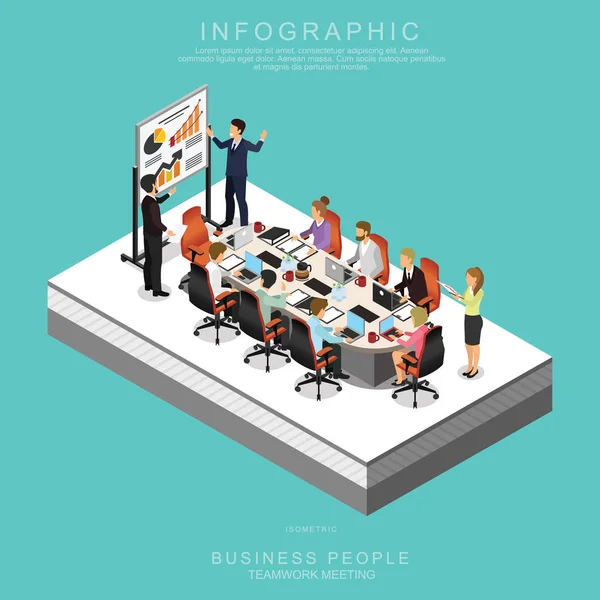 Isometrische Geschäftsleute Teamwork Treffen Büro Austausch Von Ideen Infografik Vektor — Stockvektor