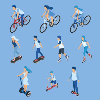 İzometrik çocuk, kız ve çocuk bisiklet, kaykay, scooter ve paten sürme