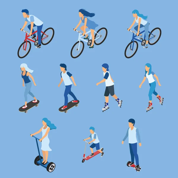 Isometric Garçon Fille Enfant Vélo Planche Roulettes Scooter Patin Roulettes — Image vectorielle