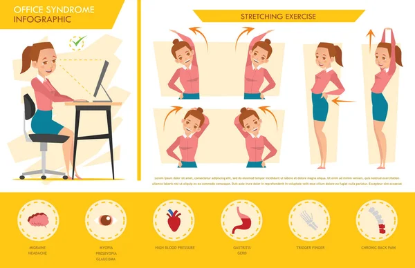 Girl Office Syndrome Infographic Stretching Exercise — Stock Vector