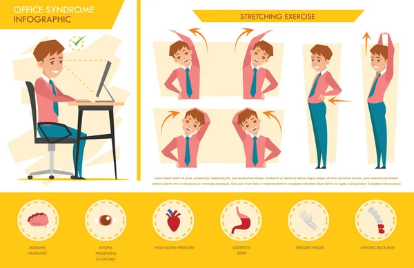 Man Office Syndrome Infographic Stretching Exercise — Stock Vector